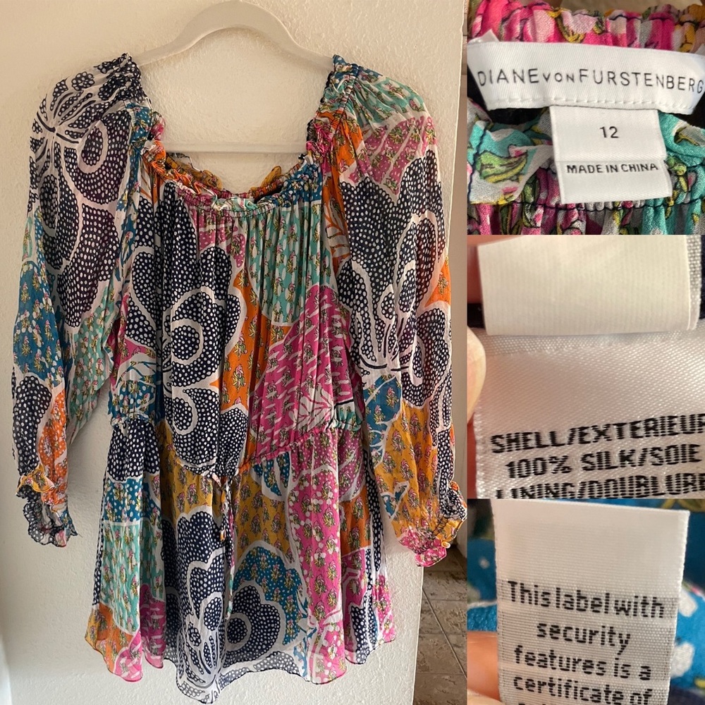 Diane Von Furstenberg silk blouse multicolor summer spring vintage women’s 12